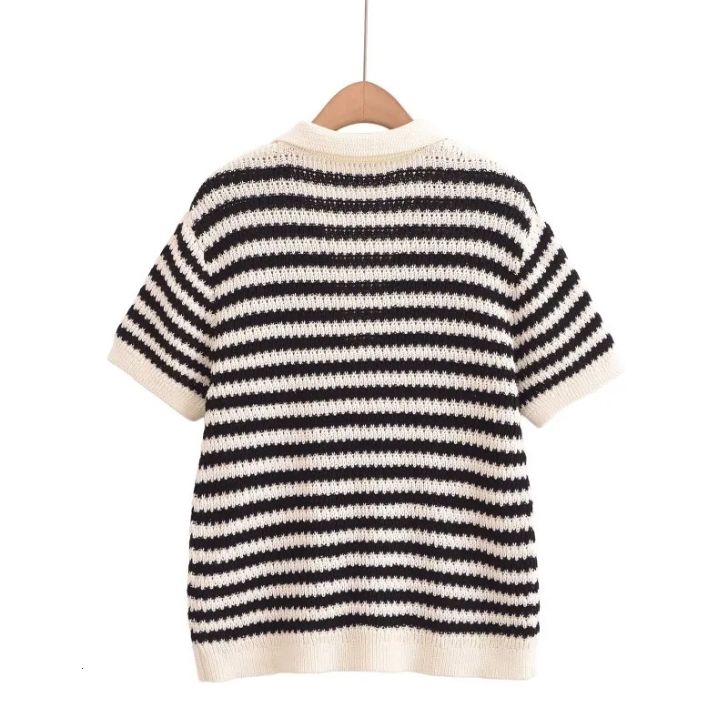 TRAFZR 2025 Womens Striped Knit Cotton TShirt Polo Collar Short Sleeve Casual Spring Summer Daily Street Weekend Wear 250729