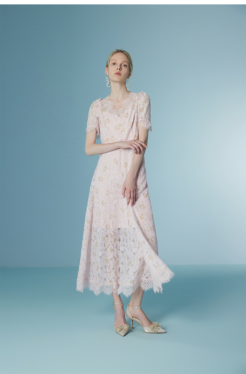 Womens Elegant Pink Floral Lace Dress Short Sleeve V Neck Double Layer Gothic Midi Party Guest Casual Dress 6116210