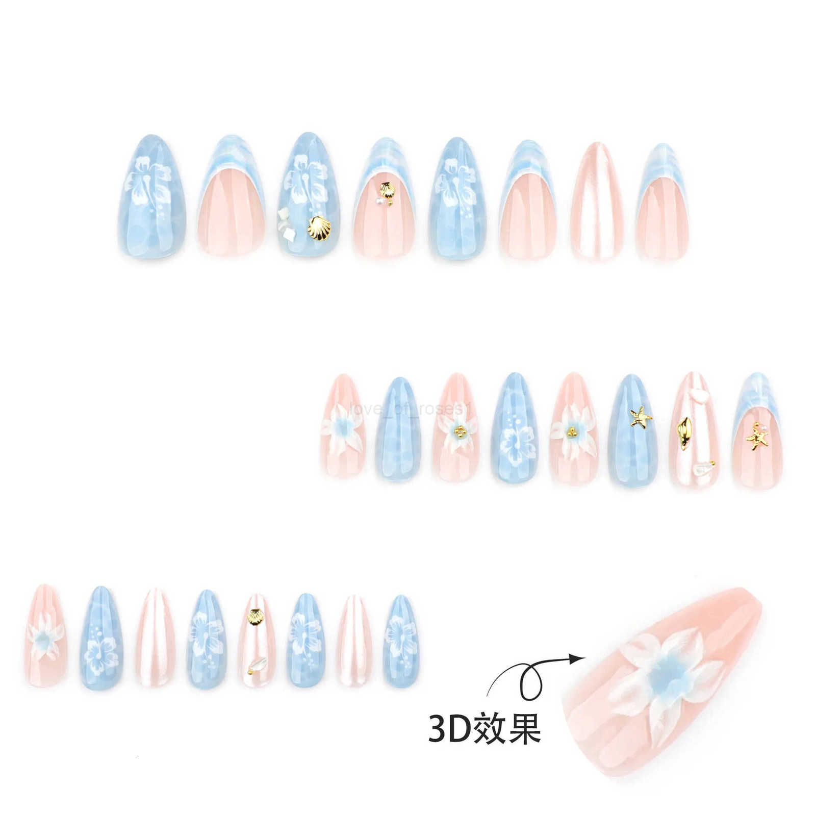 24pcs Light Blue False Nails Summer Beach Style Seashell Starfish Flower Pattern Press On Nails Smudging French Almond Fake Nail Z250807