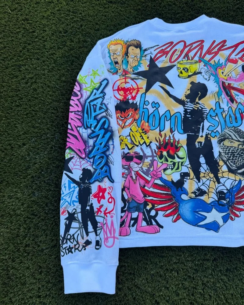 Harajuku Casual Hip-hop High Street Trendy Oversized Long-sleeved Tops Men Y2k Gothpunk Animation Printed T-shirt Men 250807