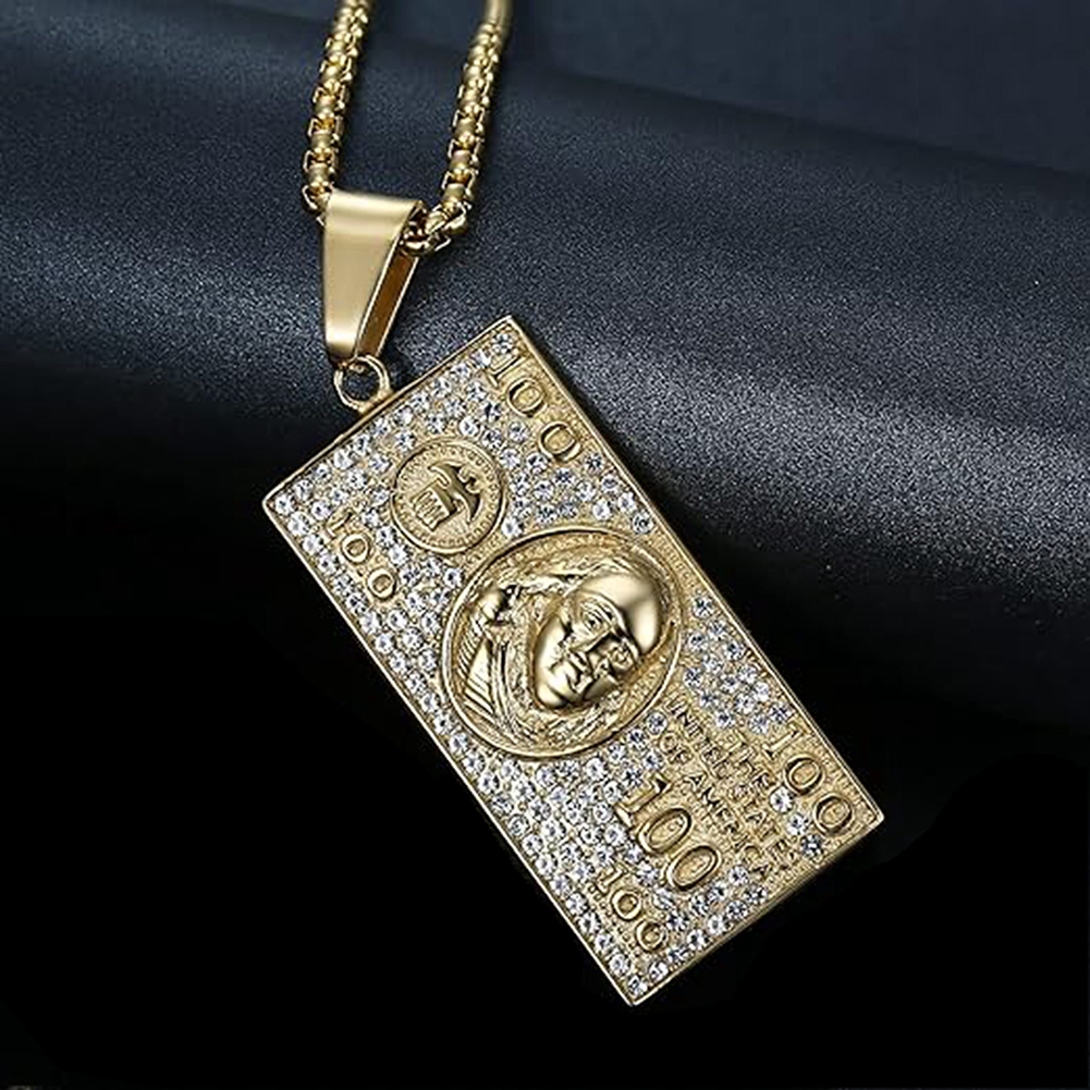 Hip Hop Hundred Dollars Pendant Necklace Stainless Steel Gold Plated Jewelry