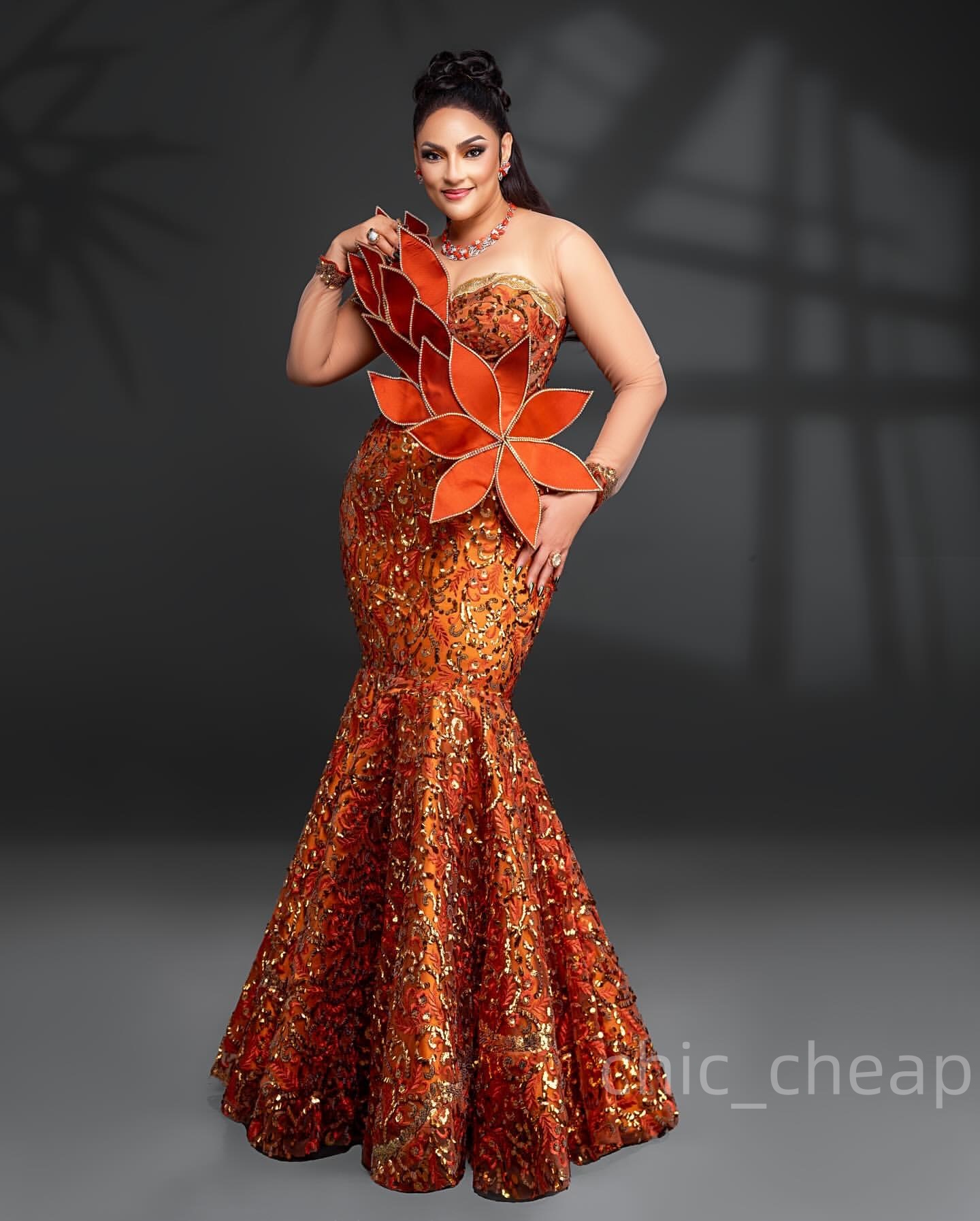 Mermaid Orange Prom Dresses 2025 Florals Sequined Lace Sheer Neck Evening Formal Party Second Birthday Engagement Gowns Plus Size Dress For Special Oc