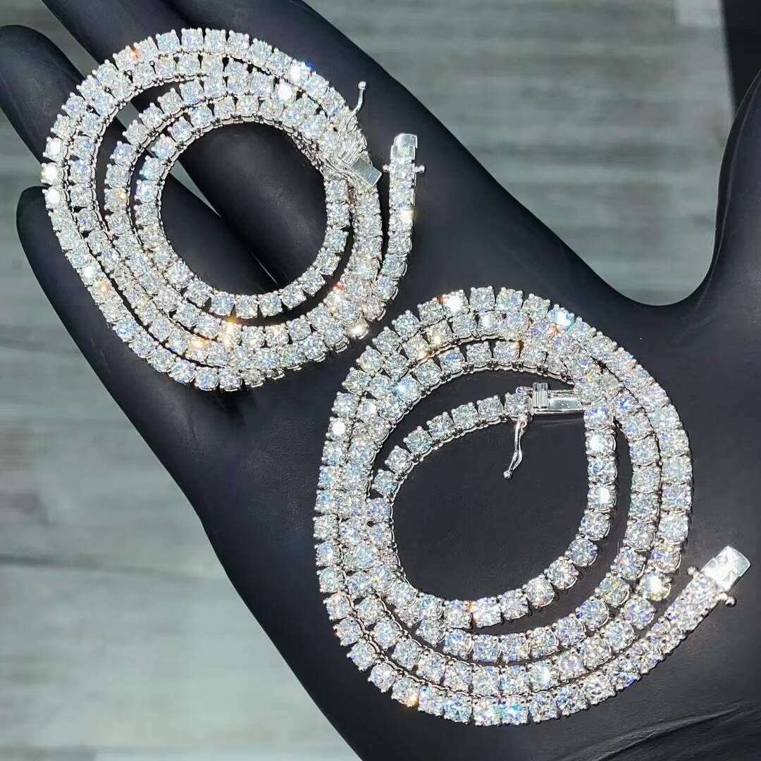 Mens 925 Silver Iced VVS Moissanite Diamond Necklace Hip Hop Cuban Link Tennis Chain Jewelry Gift Box for Europe US