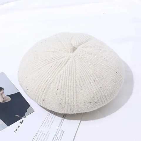 Elegant Retro Knitted Beret Hats Women Ladies Sequins Knit Painter Berets Fashion Artist French Berets Solid Color XJ250807