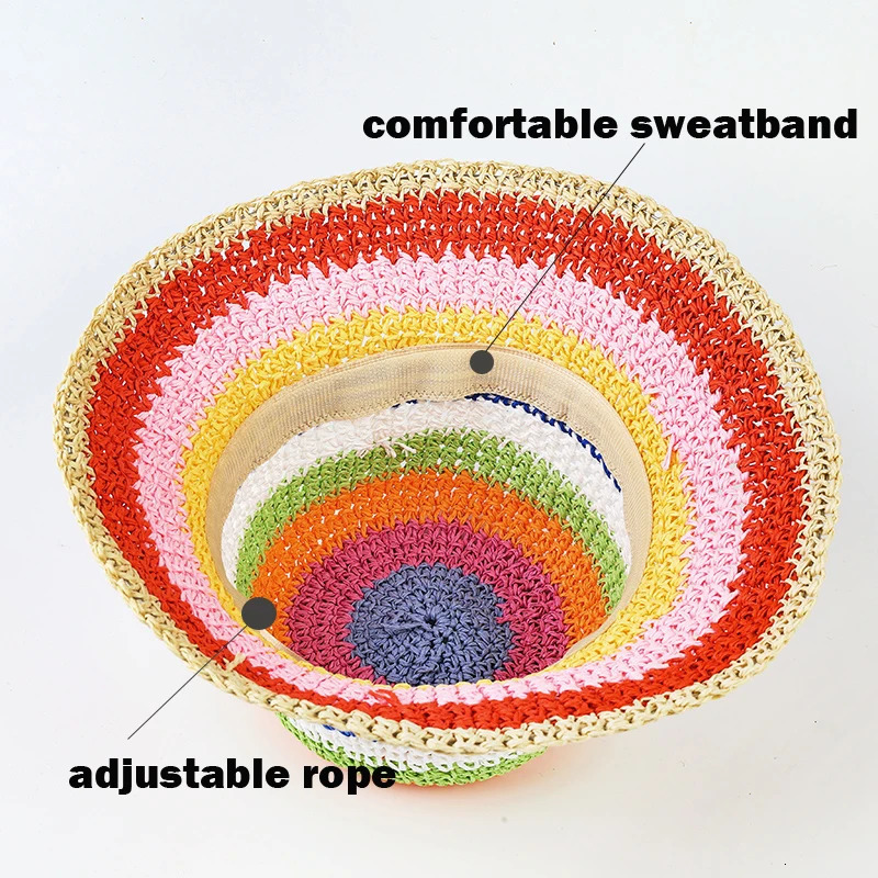 Summer Rainbow Striped Bucket Hat Woman Crochet Beach Fisherman Hat Foldable Handmade Weave Sun Hat Female Panama Wholesale 250805