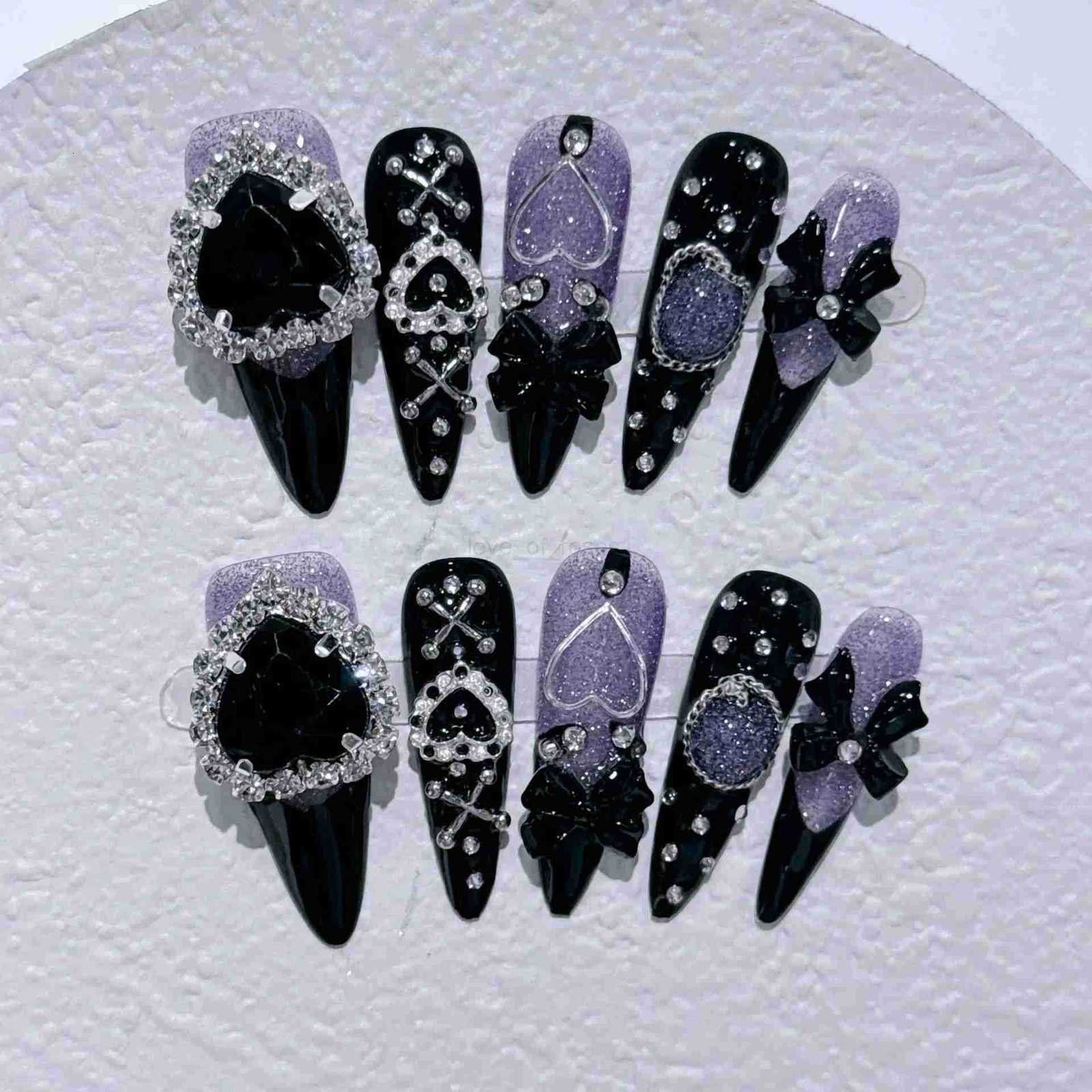 10pcs Stiletto Almond Press On Nails Dark Black Fake Nails With Butterfly Star Design Hot Girl Detachable Full Cover Nail Art Tip Z250807