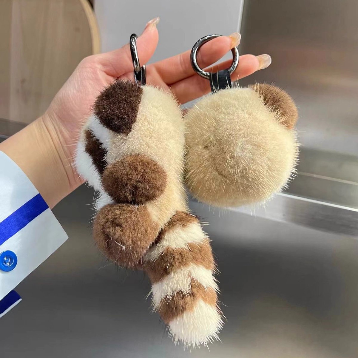 Cute Raccoon Real Mink Fur Keychain Plush Toy Trinkets Women Bag Hanging Ornaments Car Key Metal Ring Pendant Kids Classic Gift 250110