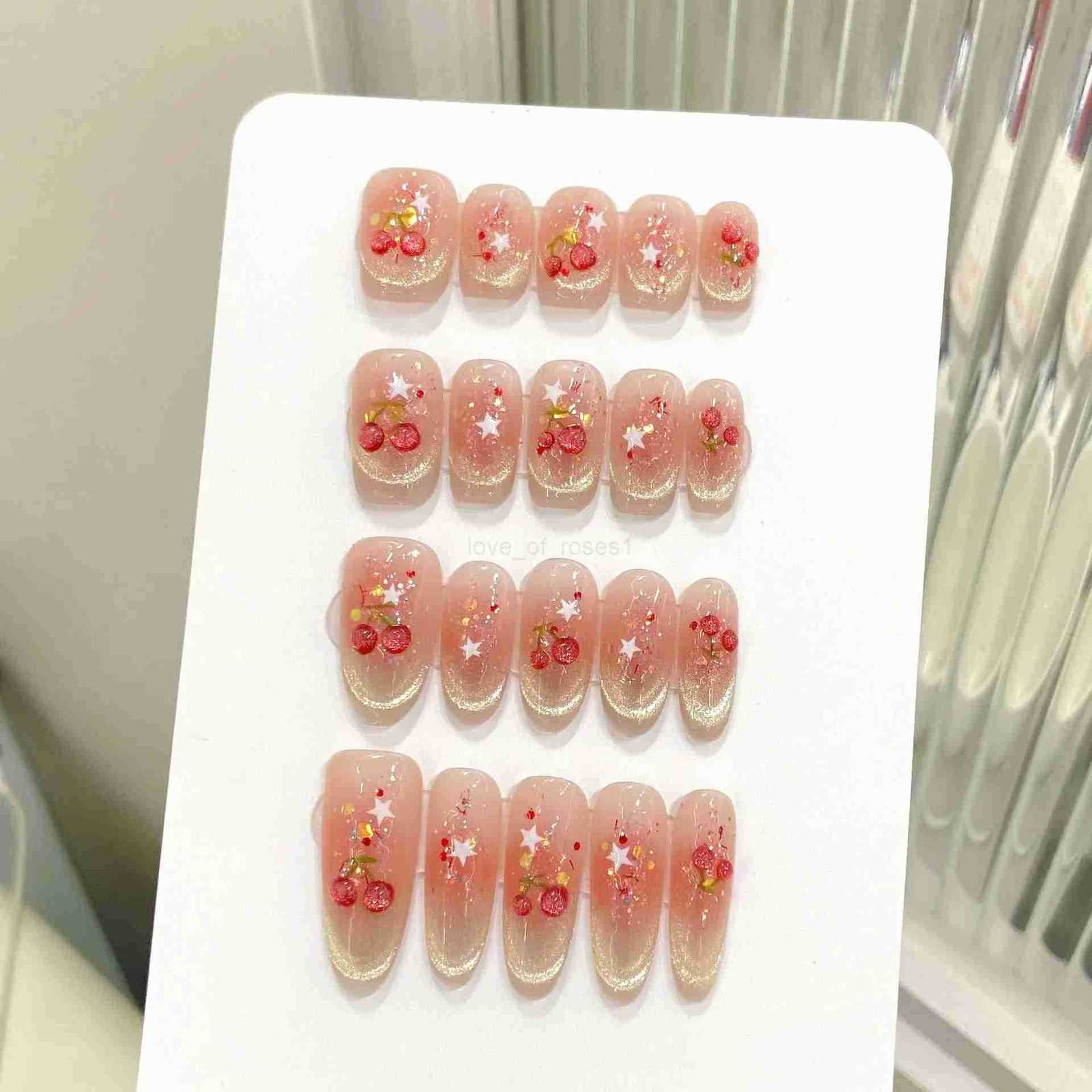 10pcs Sweet Cherry Press On Nails For Women Girls Shiny Smile Cats Eye Y2k Star Handmade Fake Nails Gentle Blush False Nails Z250807