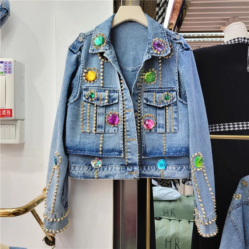 Women Diamonds Short Denim Bomber Coat Rivet Beaded Jeans Jacket Rhinestones Cardigan Lapel Long Sleeve Streetwear Tops 250804