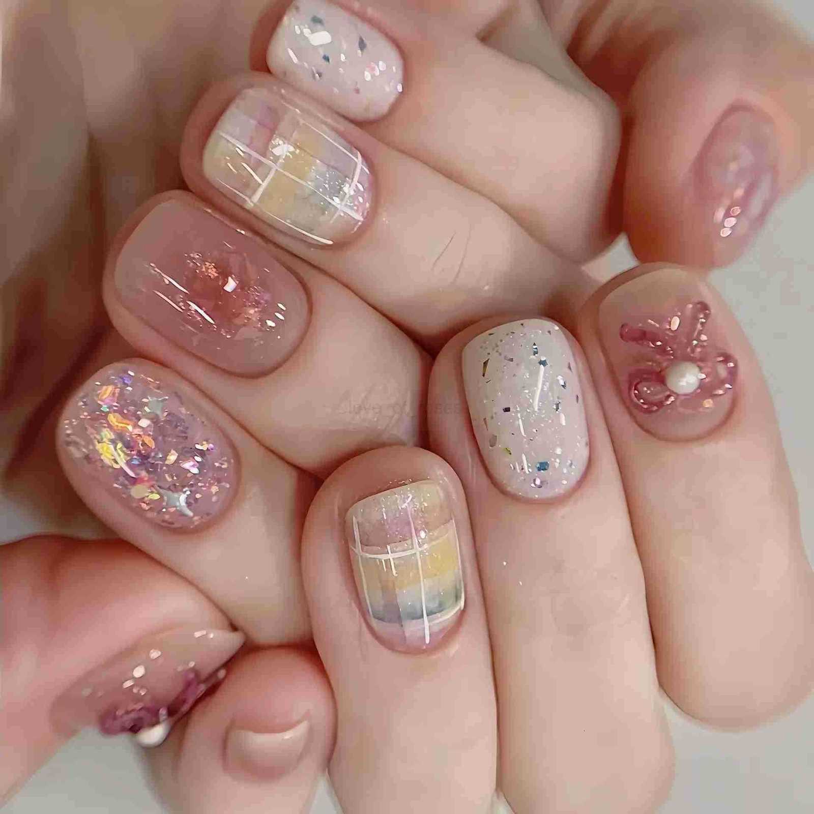 10pcs Short Round Handmade False Nails Cute Bowknot Heart Stars Sweet Fun Summer Fake Nails Colorful Glass Cat Eye Press-on Nails Z250807