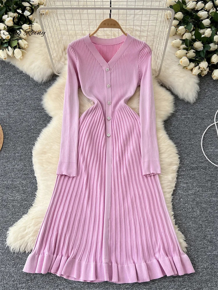 SINGREINY Autumn Knitting Sweater Dress Ladies V-Neck Single Breasted Full Sleeve Soft Slim Senior Knitted Casual Long Dress 250806