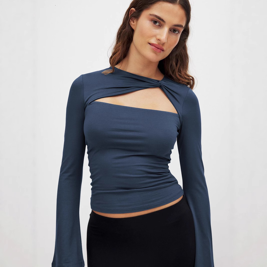 Hot-Selling Autumn Y2K Spicy Girl Collarbone Hollow Twist Long-Sleeve T-Shirt Pure Desire Style Slim Niche Top