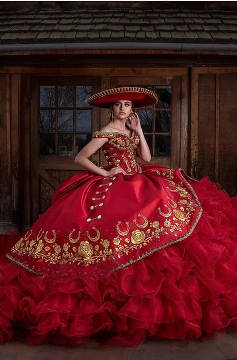 Mexican Red Ball Gown Quinceanera Dresses Bow Sweet 16 Dress Golden Embroidery Ruffles Tiers Skirt Birthday Party Wear Special Occasion