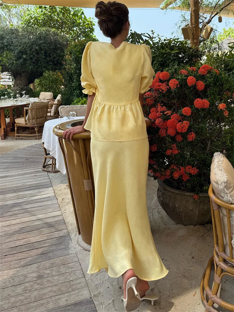 Tossy Summer Ruffled 2 Piece-Set Maxi Skirt For Women V-Neck Lace-Up Short Sleeve Shirts Top And Slim High Waist Long Skirt Sets 250804