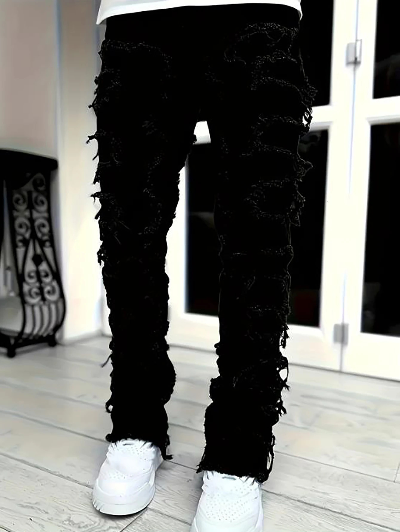 Y2k hiphop style fringed jeans mens casual street stretch 250807