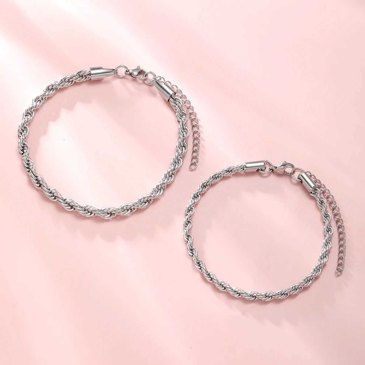 2Pcs/set Stainless Steel Twisted Rope Chain Couple Bracelets for Women Men Simple Silver Color Bracelet Set Fashion Jewelry Gift W250807