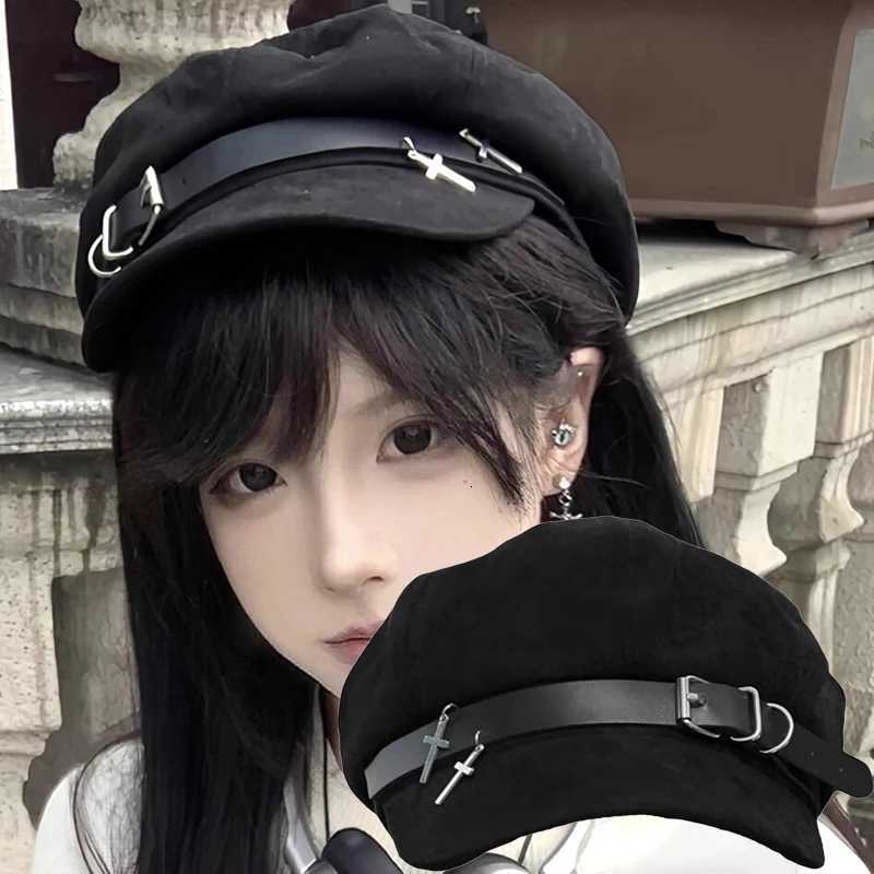 2025 Punk Women Harajuku Gothic Lolita Beret Hat C Y2K Girls Bow Punk Lace Handmade Decorative Sun Hats with Cross Pendant XJ250807