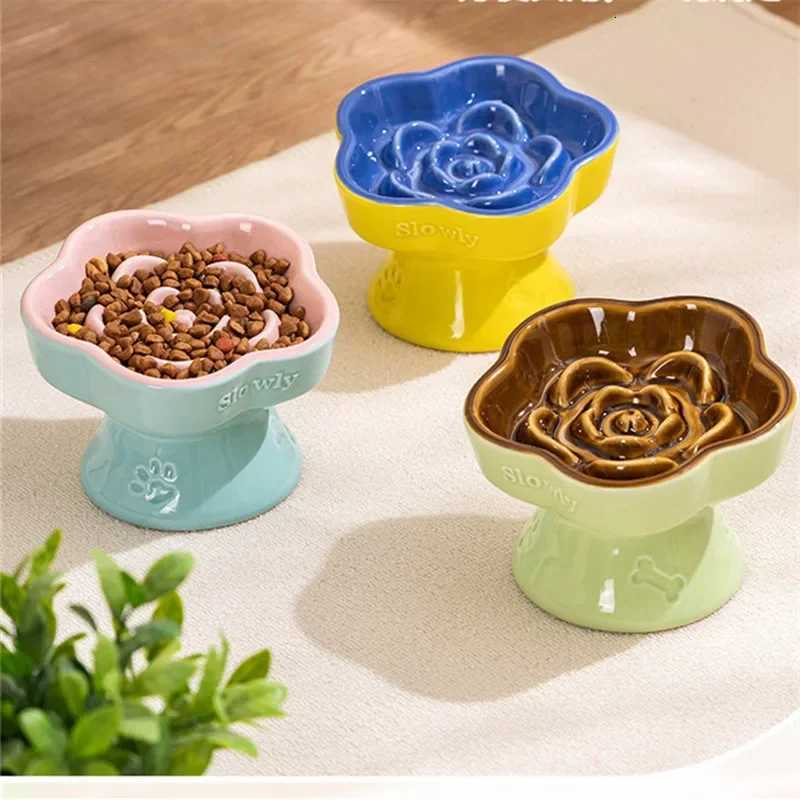 New Pet Feeding Slow Bowl Creative Flower-Shaped Dog Cat Feeder Ceramics Water Bowl Kitten Food Container Pet Accessories Y250806