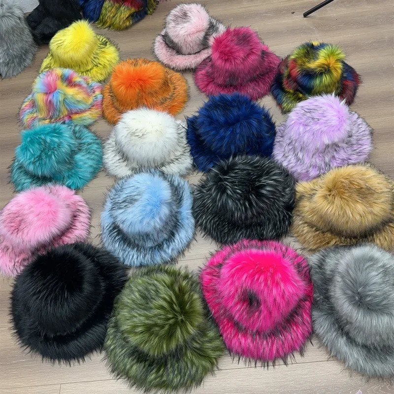 Winter Warm Plush Bucket Hat Women Oversize Earflaps Fluffy Faux Fur Hats Fashion Furry Raccoon Fur Cotton Hat Solid Color Hats 250806