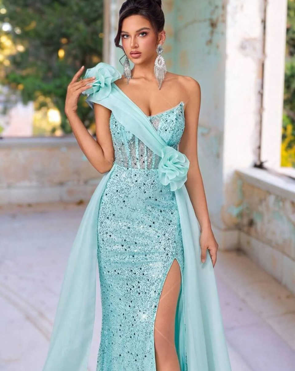 Trendy Mermaid Evening Dress Sleeveless One-Shoulder Handmade Flowers Sequins Crystal Prom Dress Customized