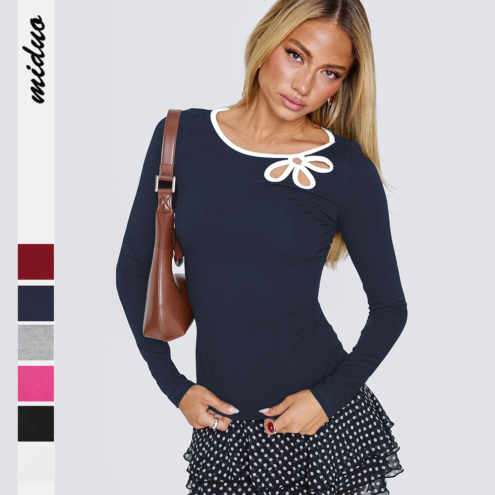 Y2K Hot Girl Outfit New Women's Knitted Top Round Neck Long Sleeve Fashion Hollow Out Base Shirt T-Shirt