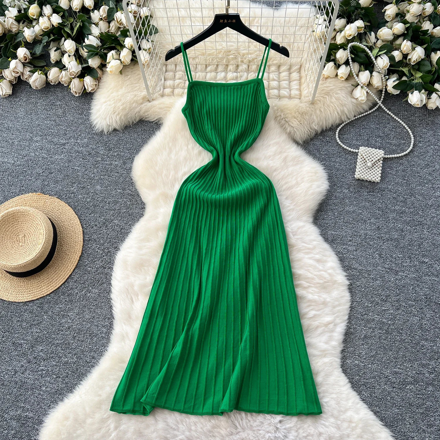 Summer Knit Spaghetti Strap Dress Sleeveless Elastic Waist Slim Simple Style Gentle Casual A Line Female Maxi Long 250807