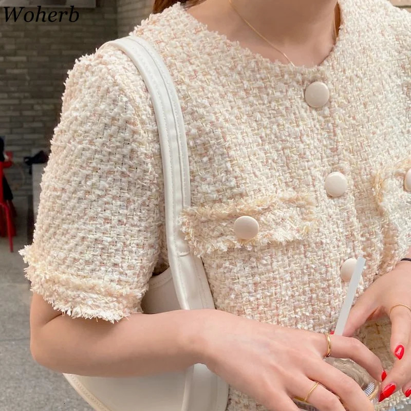Woherb Summer Korean Casual Tweed Jackets Women Short Sleeve Elegant Coats Office Lady Outwear Crop Top Femme 250805