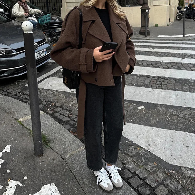 Women Casual Retro Woolen Blend Coat Turn-down Collar Solid Jacket Fashion Slim Coat Autumn Winter Lady Outerwear 250806