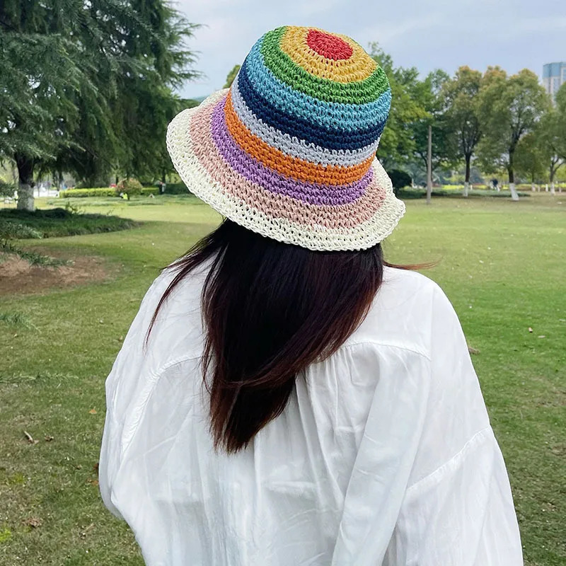 Summer Rainbow Striped Bucket Hat Woman Crochet Beach Fisherman Hat Foldable Handmade Weave Sun Hat Female Panama Wholesale 250805