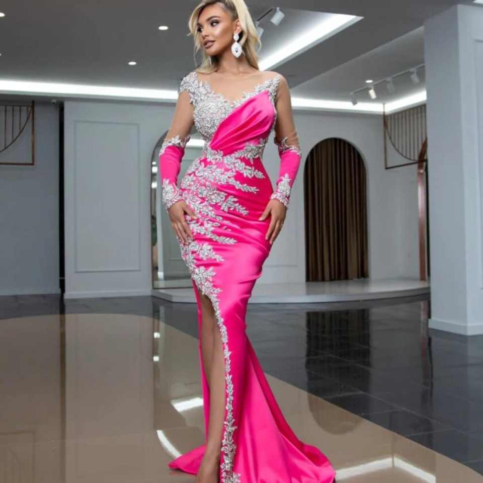 Hot Pink Mermaid Prom Dress For Women Black Girl Sparkly Crystal Beading Long Sleeve Evening Dress Sexy Slit vestidos de Robes Customized