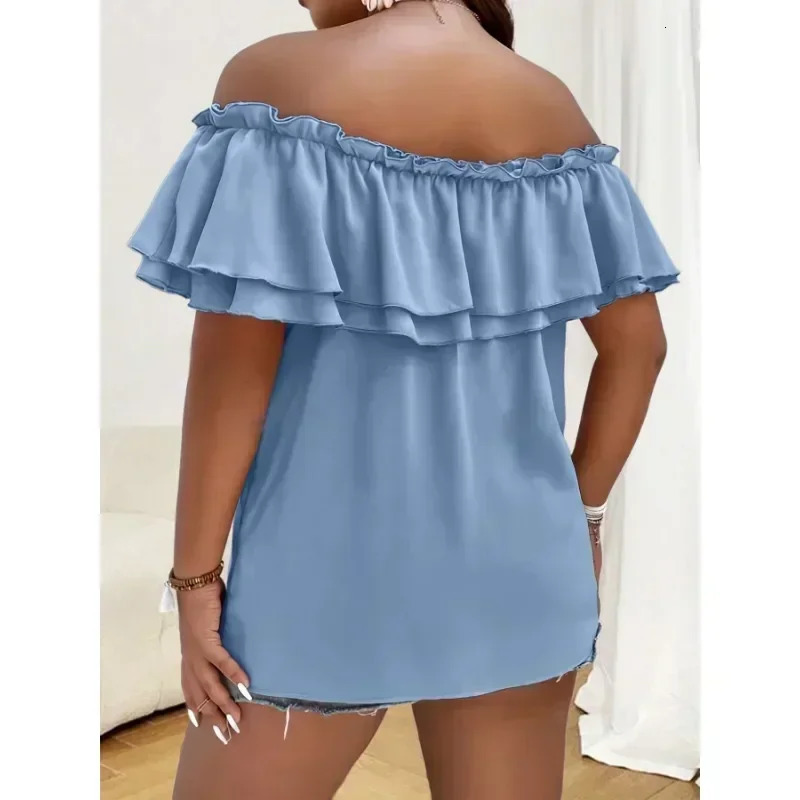 Womens Plus Size 1XL5XL Summer Casual Temperament Solid Color Ladies Fashion Short Sleeve Shirt One Shoulder Bow Top 250807