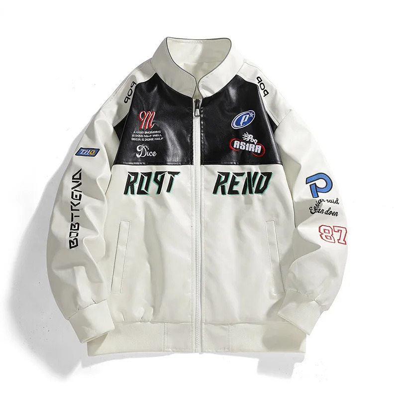 American Style PU Leather Jacket Men Stand Collar Biker Coat Embroidered Color Block Casual Motorcycle Jacket Trendy Spring Fall 250805