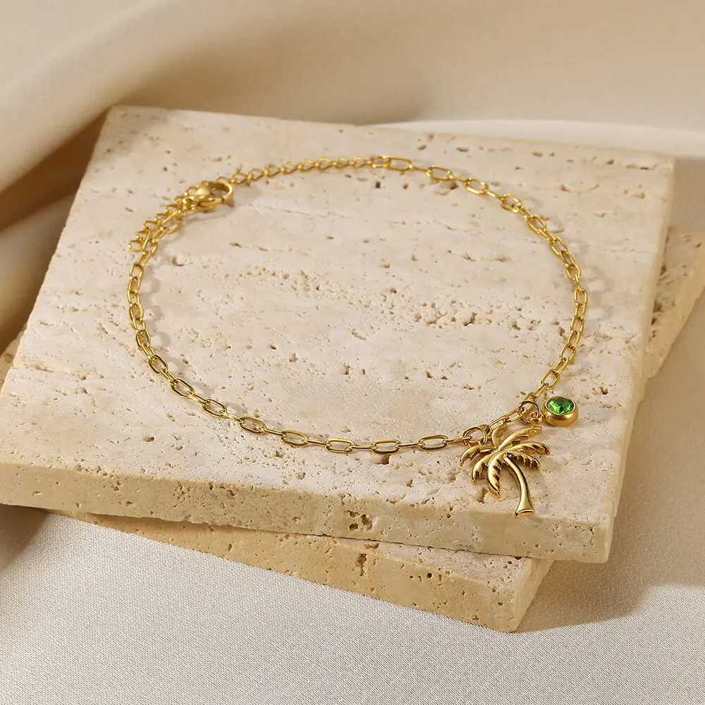 Coconut Palm Tree Birthstone Anklet Gold Plated Stainless Steel Chain Anklets For Women Girls Summer Jewelry Birthday Gift Y250805