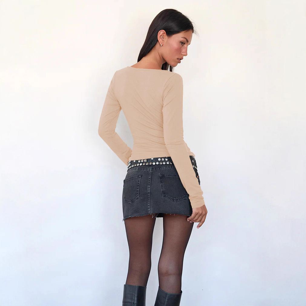 Autumn Winter Y2K Hot Girl Swing Collar Ruched Right Shoulder T-shirt Slim Fit Fashionable Base Solid Color Top