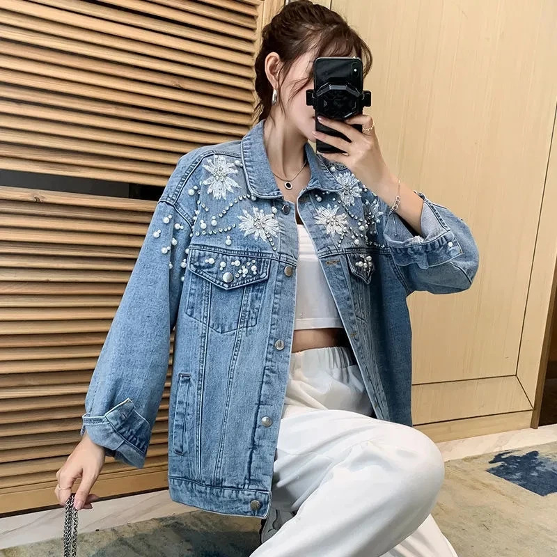 Spring Autumn Female Fashion Jeans Jacket Korean Rhinestones Embroideried 3D Flowers Hole Cowboy Outerwear Loose Lady Coat 250804