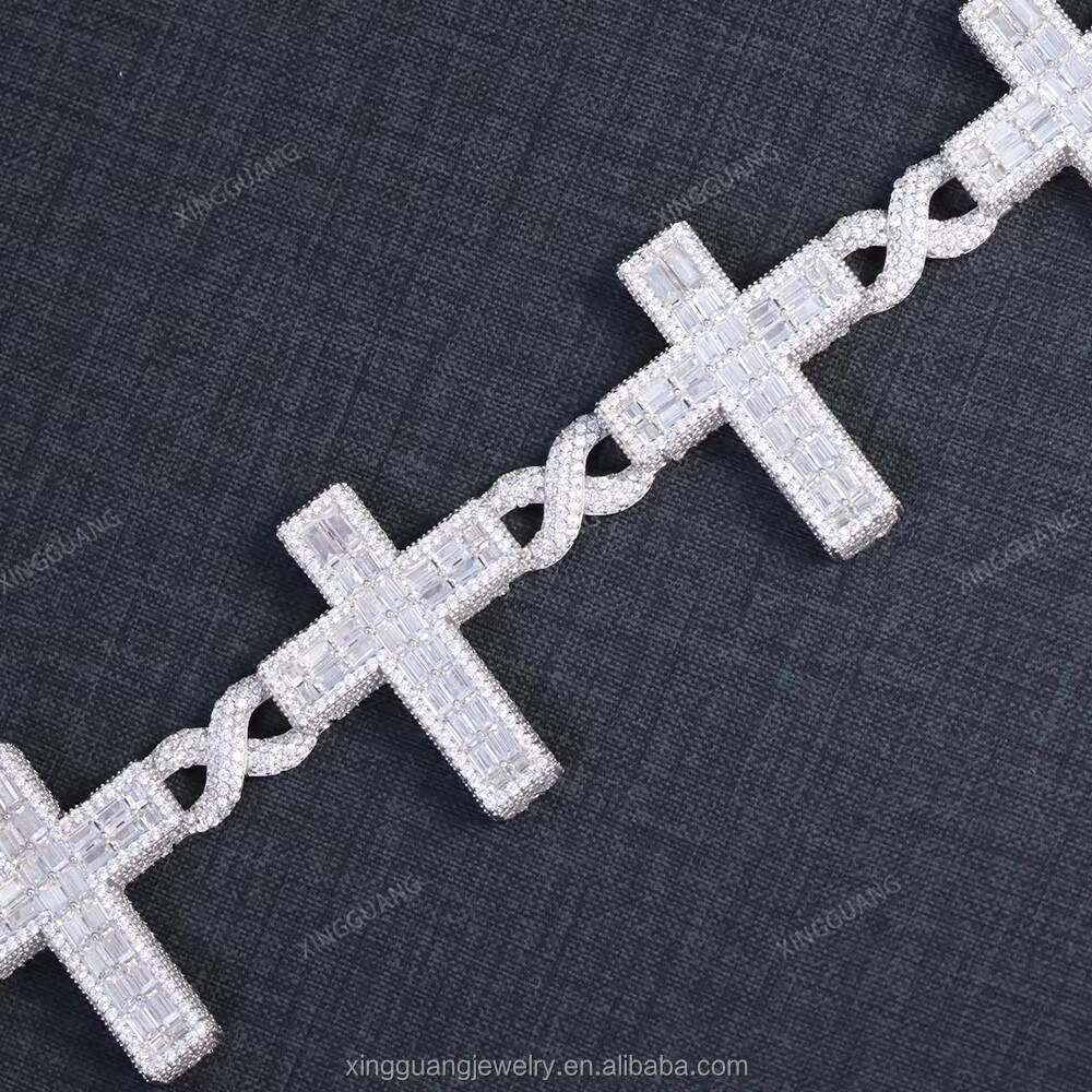 Fashion Cross Design S925 Silver Moissanite Bracelet Hip Hop Jewelry VVS Baguette Moissanite Diamond Cross Cuban Bracelet