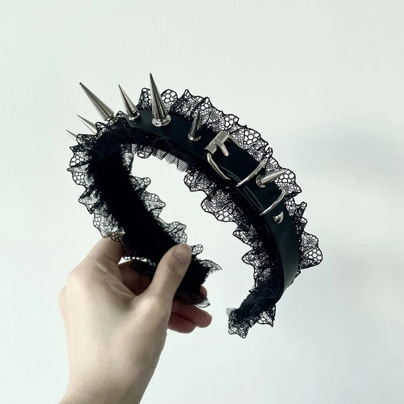Y2K Harajuku Steampunk Gothic Lolita Punk Black Hairband with Dark Lace Rivet Pointed Nail Trendy Accessory for Women 250730