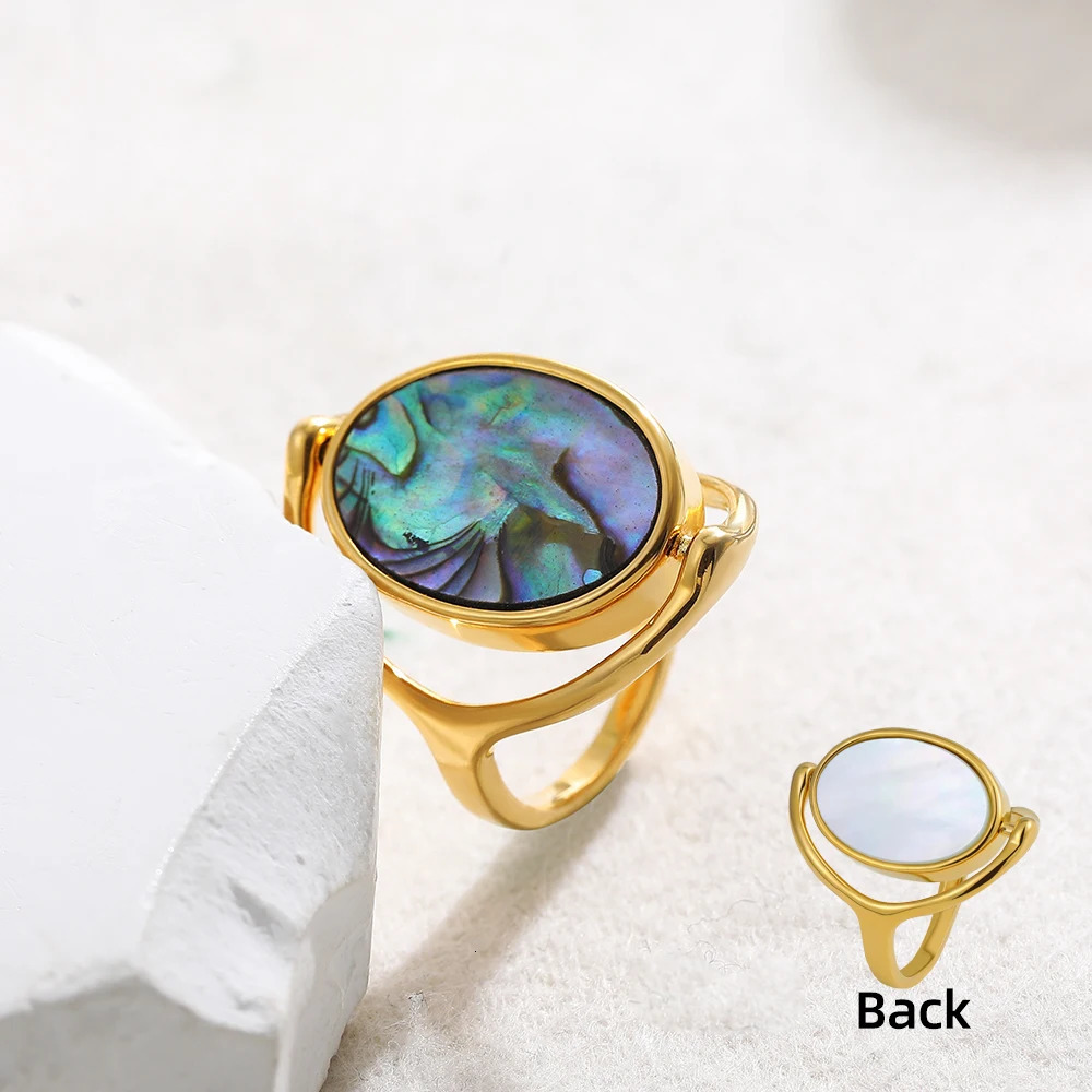 Double Sided White Shell and Abalone Shell Oval Rings for Women Creative Rotating Ring Elegant Jewelry 250730