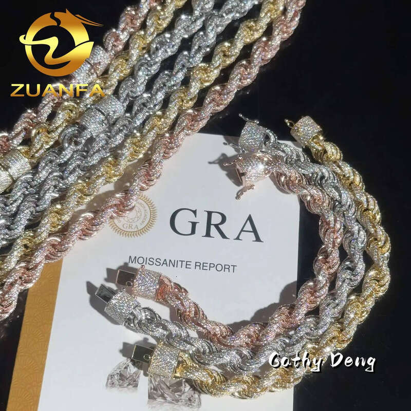 10MM 3 Color Twist Sier Rope Fully Iced Out Moissanite Dia Link Bracelet Hip Hop Jewelry Men Necklace Chain