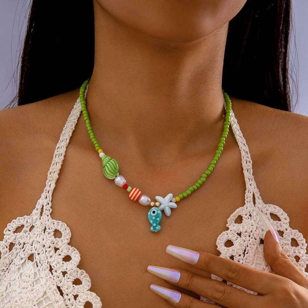 Bohemian Colorful Blue Pink Ceramic Fish Pendant Striped Beaded Summer Necklace For Women Seaside Vacation Party EMO Accessories
