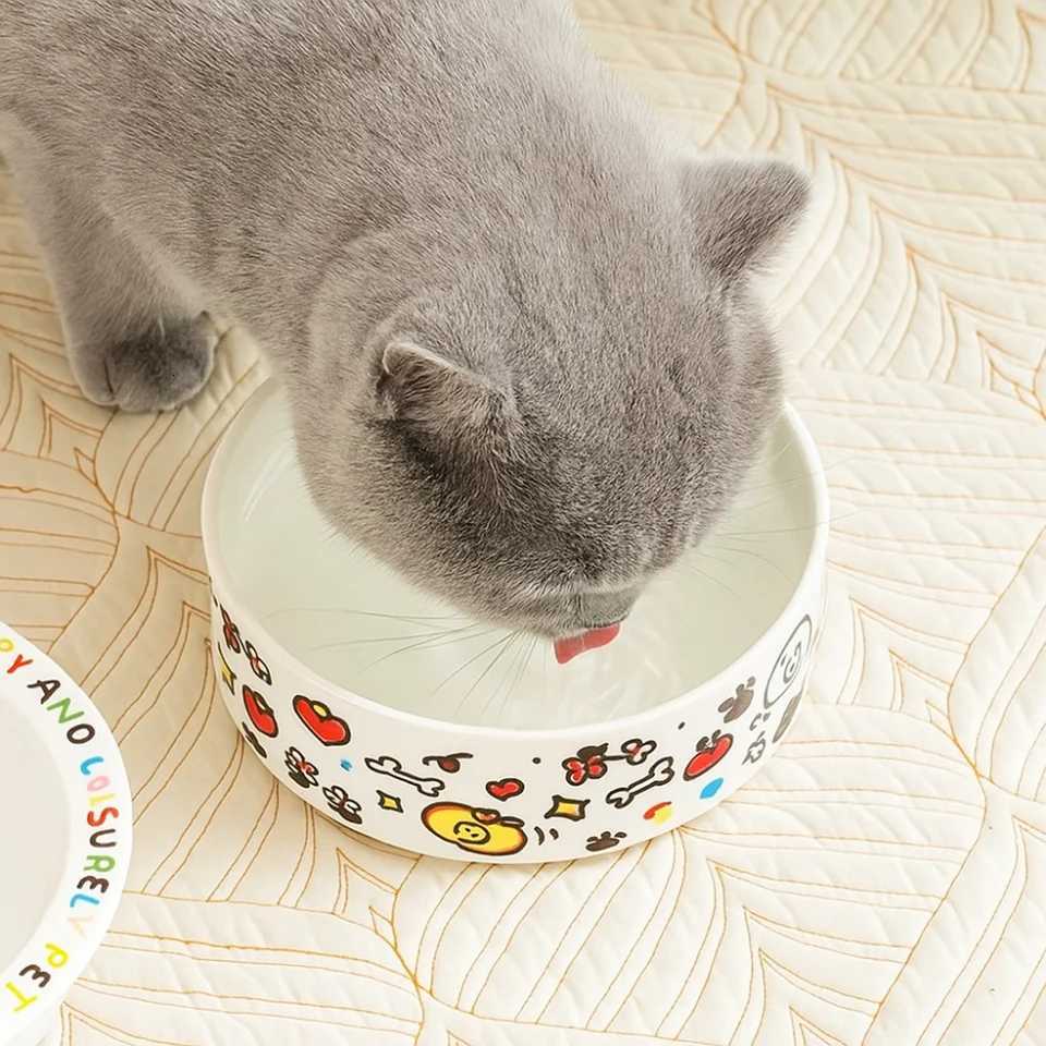 Anti-Tip Design Ceramic Cat Bowl Cartoon High Temperature Resistance Dog Drinking Water Bowl Cervical Protection Cat Food Bowl Y250806