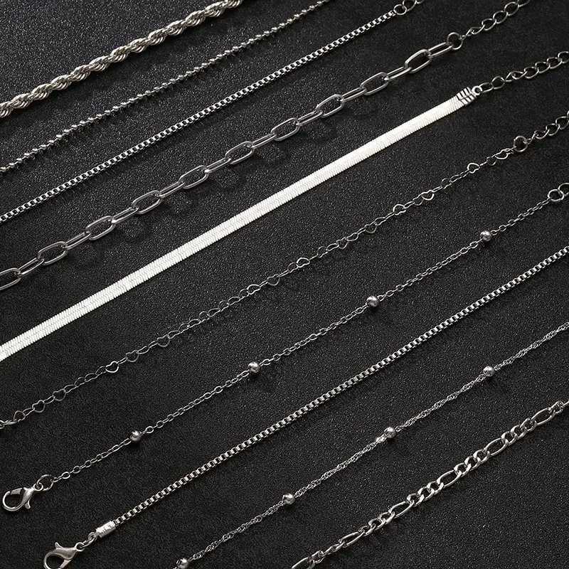 10 Pcs Vintage Statement Gold Color Flat Snake Chain Box Chain Bracelet Boho Multi-layer Metal Bracelet Womens Summer Jewelry W250807