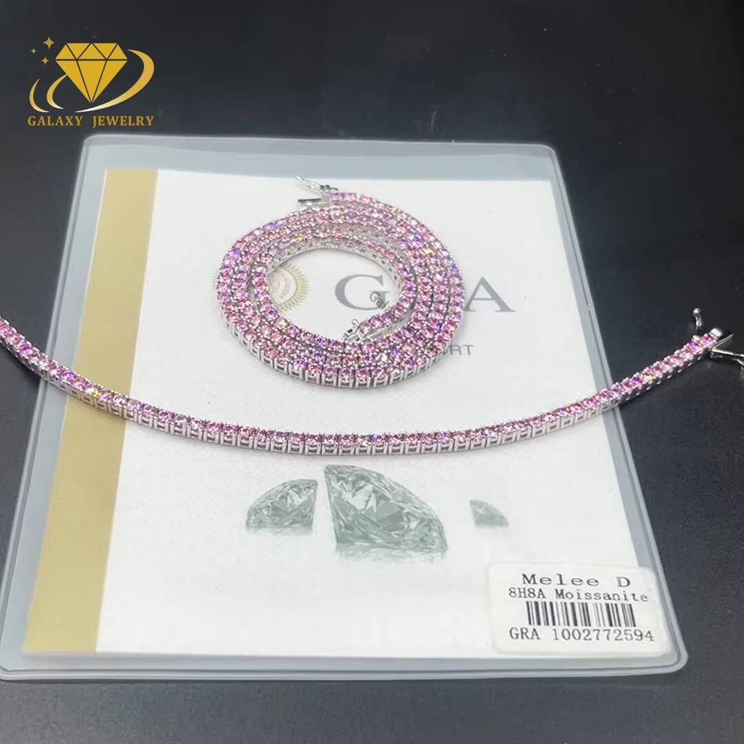 Custom pink Moissanite Tennis Chain 100% Pass Diamond Tester 3/4/5/6/6.5mm pink Lab Created Diamond Tennis Necklace Bracelet