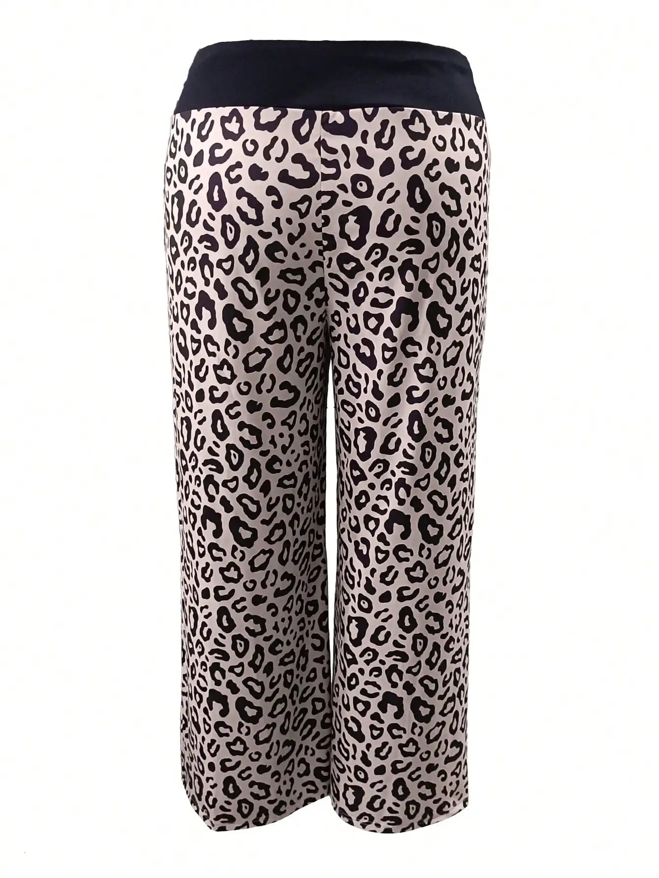 Plus Size Spring Summer Womens Fashion Elastic Waist High Pants Leopard Printed Drawstring Baggy Wide Legs 250805