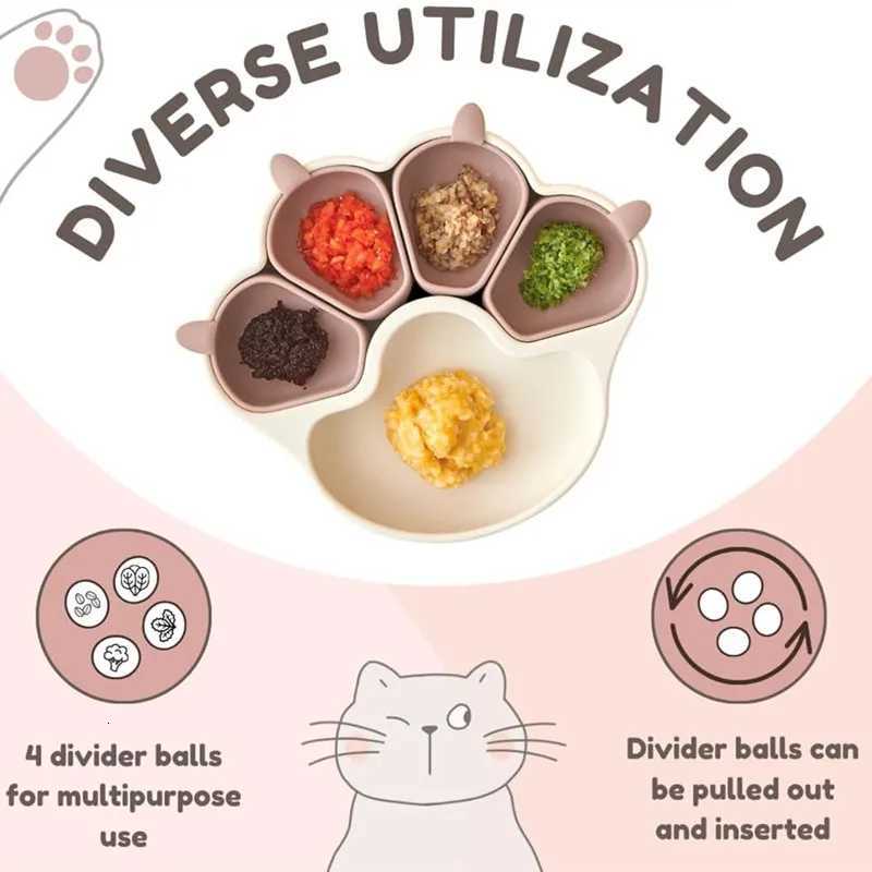 Pet silicone licking basin cartoon cat paw shaped bowl cat dog with suction cup tableware set anti spill compartment food bowl Y250806