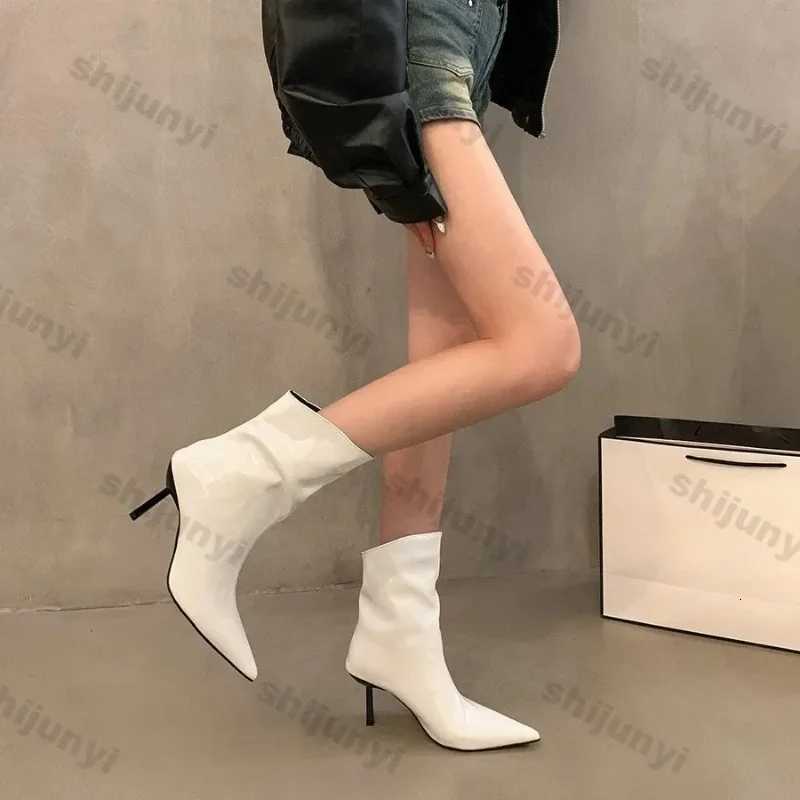 Women Sexy Pointed Patent Leather Ankle Boots Spring Autumn New Solid Color Stretch Slip Booties Women High Heels Skinny Boots XJ250807
