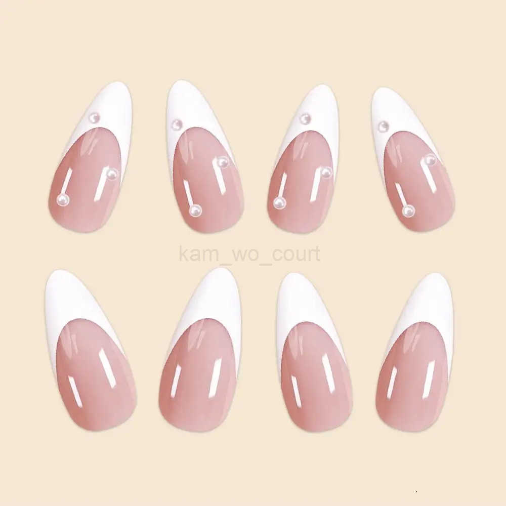 Girls Women 24Pcs/Set Middle Size Water Drop Shaped French White Edged Pearl Decorative Full Coverage Fake Nails M250807