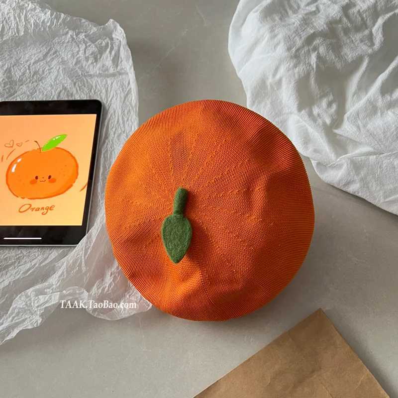 Womens Kaii Hat Korean Version Cute Orange Beret Girls Summer Fun Quirky Breathable Little Painters Hat Versatile Funny C XJ250807