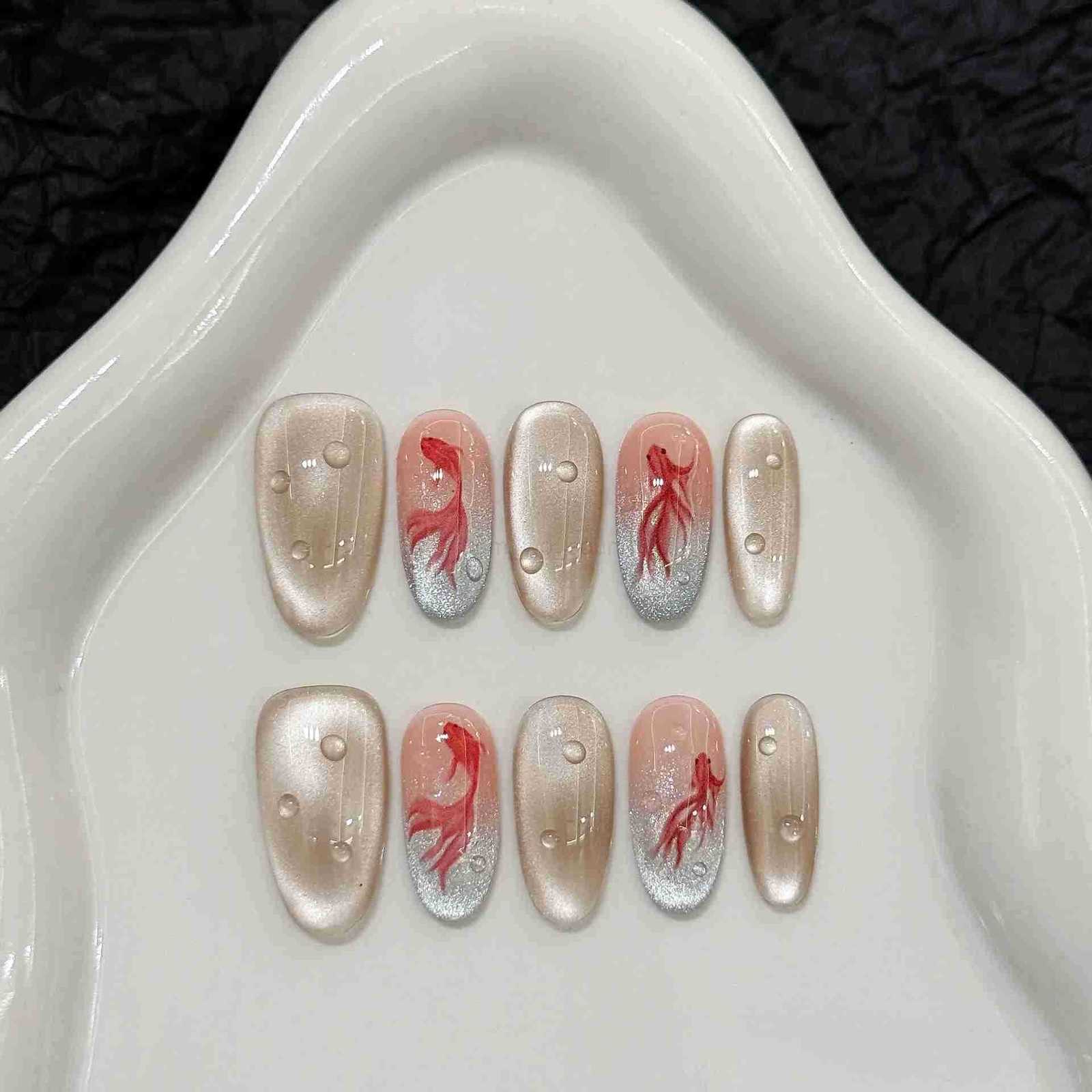 10pcs Glossy Almond Handmade Press On Nails Chinese Style Koi Fish Pattern Shiny Cats Eye False Nails Simple Fake Nails For Girls M250807