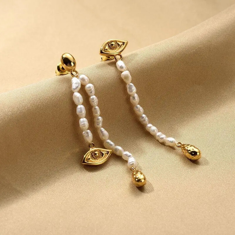 Vintage Dangle Earring Freshwater Pearl Asymmetrical Long Eye Water Drop Earrings for Women Female Daily Jewelry Pendant Gift 250805